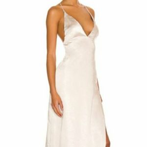 NWT Silky High Slit V-Neck Backless (Ties) Satin Slip Maxi Dress - Beige - Med
